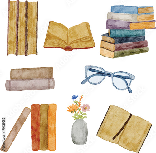 watercolor book  lover colection with glasses and flower illustration 
