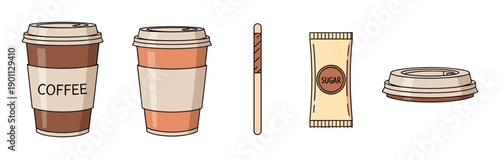 Set of coffee to go items including two paper cups with lids and sleeves, a sugar packet, a stir stick, and a separate lid, all shown in a simple flat line art illustration style