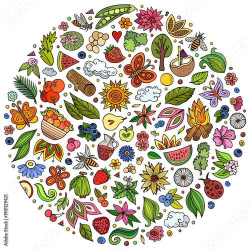 Colorful vector set of Summer Nature cartoon doodle objects, symbols and items. Round composition