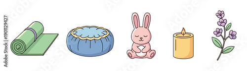 Cute cartoon set of wellness icons including a yoga mat, meditation cushion, serene bunny, lit candle, and lavender for relaxation and self-care concepts in a simple line art style