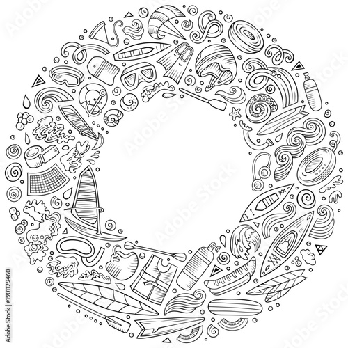 Outline vector set of Water Sport cartoon doodle objects, symbols and items. Round frame composition