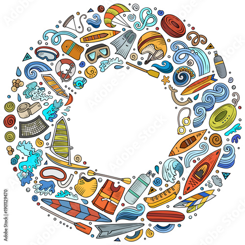 Colorful vector set of Water Sport cartoon doodle objects, symbols and items. Round frame composition