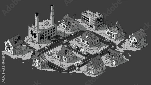 Abandoned post-apocalyptic city ruins in isometric pixel art style show destroyed buildings, broken streets, and rusted car wrecks.