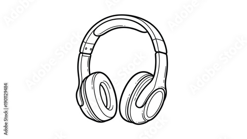 Modern over-ear headphones line art drawing presents a clean minimalist design of audio equipment with comfortable padded cushions.