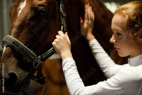 Woman rider jockey at stable preparing puts on the bridle horse racing or jumping competition