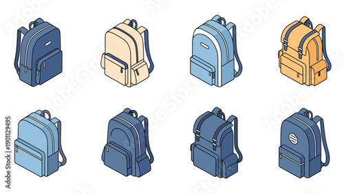 School backpacks collection features eight different bag designs in shades of blue, orange, and beige shown from an isometric view.