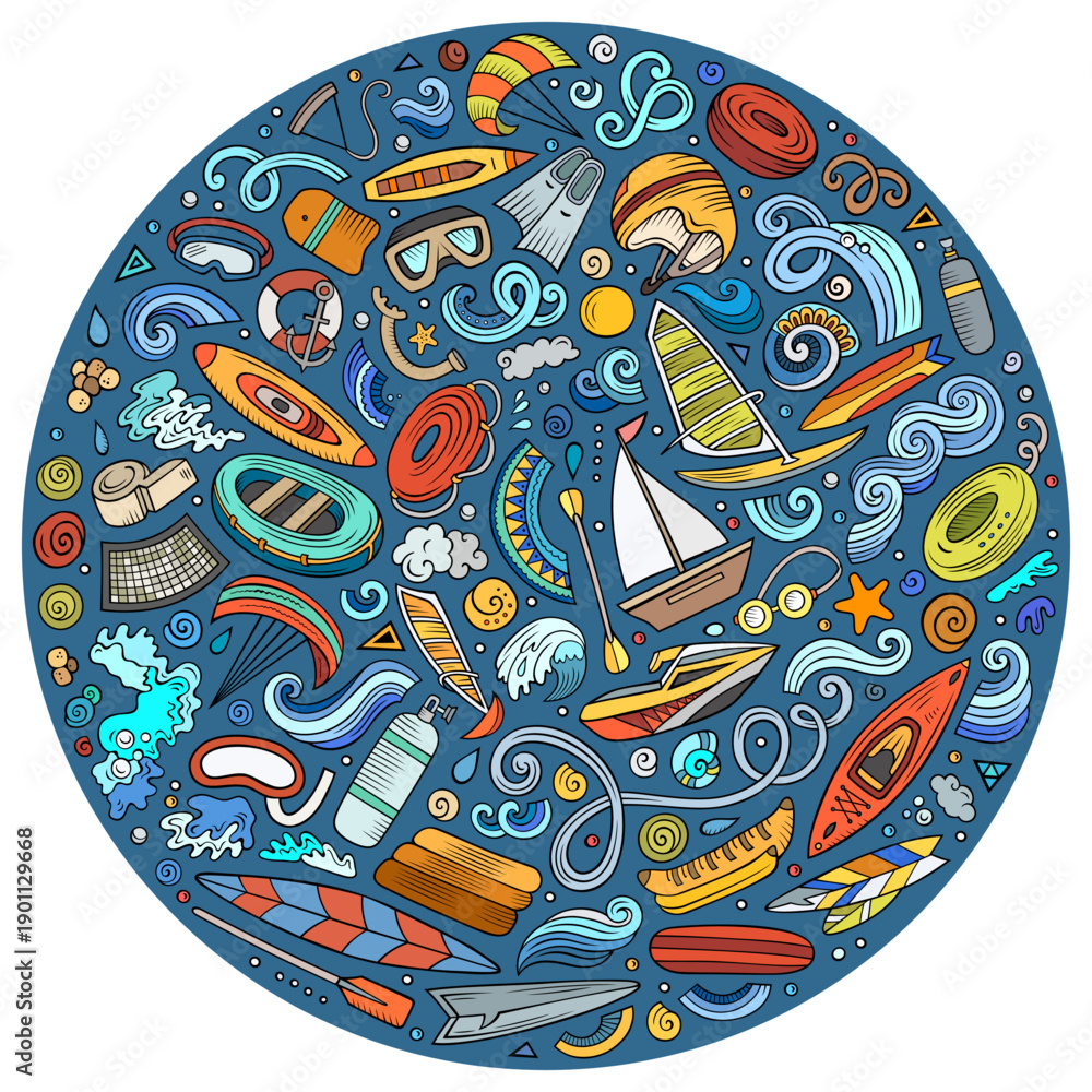 Obraz premium Colorful vector set of Water Sport cartoon doodle objects, symbols and items. Round composition