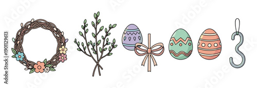 Hand-drawn Easter and spring holiday elements featuring a twig wreath with flowers, pussy willow, decorated eggs, a ribbon bow, and a hanger, illustrated in a simple charming style