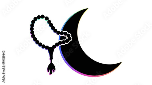 Black rosary beads with tassel on crescent moon symbol spirituality and faith concept