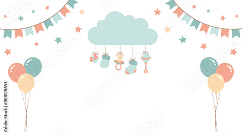 Sweet baby shower background featuring a cloud mobile with charming baby items, decorative garlands, stars, and balloons.