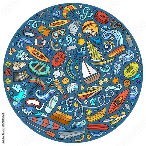 Colorful vector set of Water Sport cartoon doodle objects, symbols and items. Round composition
