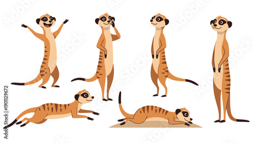 Meerkat character set illustrates various poses of the desert animal including standing tall on lookout, running, and resting on sand.