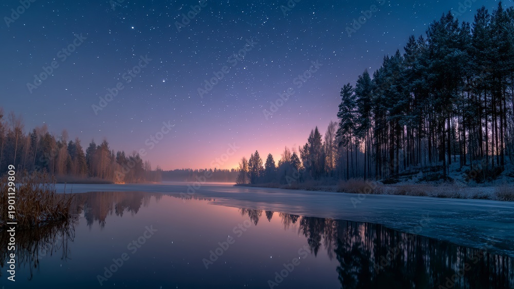 Fototapeta premium Mystical Winter Forest Night With Stars Glowing Above the Lake
