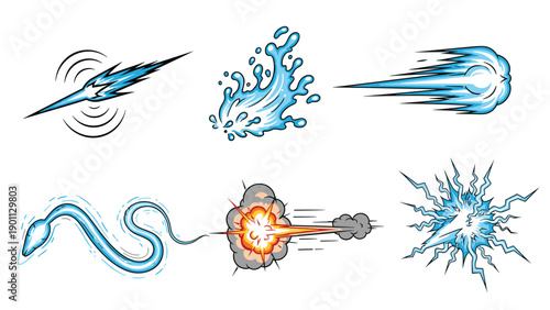 Vibrant collection of comic book style energy blasts, fire explosions, and electrical sparks for game or animation design.