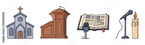 Four Christian religious symbols including a church building, a wooden pulpit, an open book with a microphone, and a lit candle, drawn in a simple cartoon illustration style