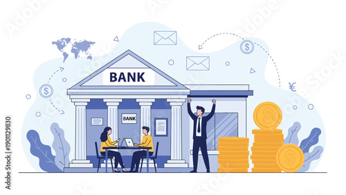 Stylized illustration of people interacting at a bank building with large golden coins and global financial symbols on blue.