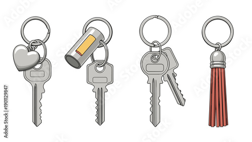 Assorted metal door keys with various decorative keychains including a heart, a cylinder tag, and a red tassel on white.