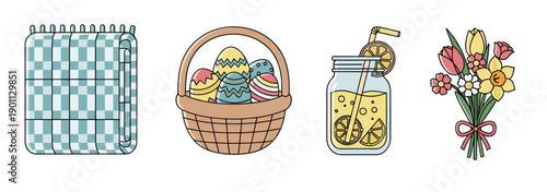 Charming set of spring picnic illustrations featuring a plaid blanket, Easter egg basket, lemonade, and flowers in a cute cartoon style
