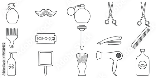 Hand-drawn doodle set of barber shop elements on a white background.