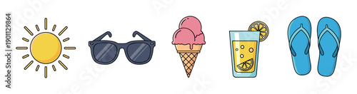 Collection of colorful summer vacation icons including a sun, sunglasses, ice cream, lemonade, and flip-flops, illustrated in a simple cartoon line art style for a fun holiday theme