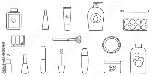 Hand-drawn doodle set of beauty and cosmetics on a white background.