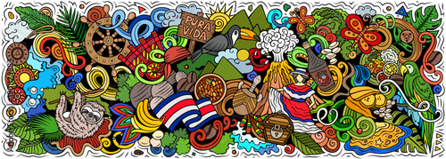 Colorful Costa Rica vector illustration with tropical wildlife, exotic plants, beaches, volcanoes and culture elements. Perfect for travel, tourism, adventure and nature themes