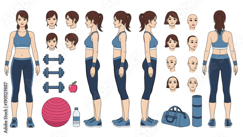 Character design sheet of a young woman in fitness gear shown from different angles with exercise equipment and expressions.
