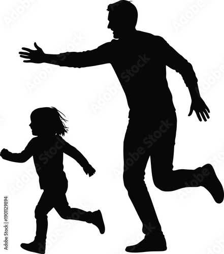 Silhouette of happy father and child running together outdoors