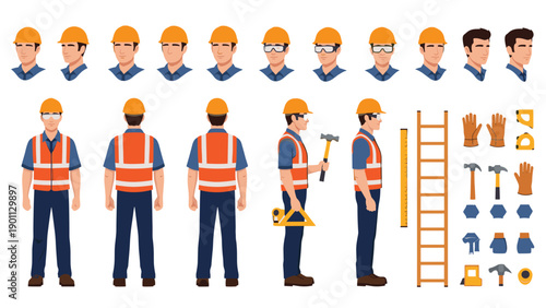 Professional construction worker character sheet featuring front, back, and side views with various tools and safety gear.