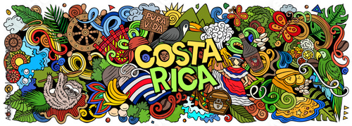 Colorful Costa Rica vector illustration with tropical wildlife, exotic plants, beaches, volcanoes and culture elements. Perfect for travel, tourism, adventure and nature themes