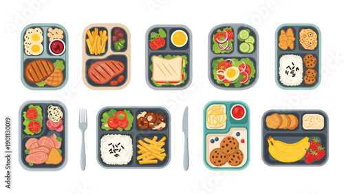 Set of different lunch box compartments filled with diverse healthy meals including meat, vegetables, rice, and fruit.