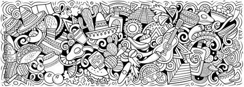 Mexico vector illustration with culture, traditions, food, sombreros, cactuses, pyramids and music. Perfect for travel, tourism, festivals and holiday design