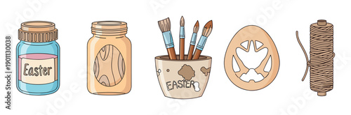 Collection of Easter craft supplies including jars, paintbrushes, wooden ornaments, and twine for a festive DIY project, presented in a charming hand-drawn illustrated style