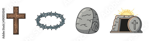 Set of Christian Easter symbols including a wooden cross, crown of thorns, stone, and empty tomb with a rising sun, depicted in a simple cartoon illustration style