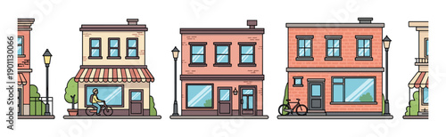 Set of urban buildings with shops and storefronts illustrated in a clean cartoon style with thick outlines, showing a quaint city street with lampposts and bicycles