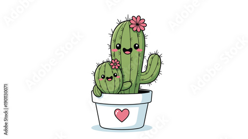 Adorable cartoon illustration of two cute cactuses, one large and one small, in a pot with heart decorations, symbolizing love.