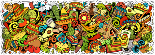 Mexico vector illustration with culture, traditions, food, sombreros, cactuses, pyramids and music. Perfect for travel, tourism, festivals and holiday design