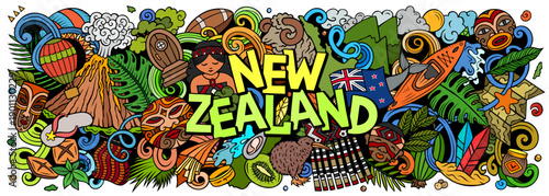 New Zealand vector illustration with nature, Maori culture, mountains, beaches, wildlife and adventure activities. Perfect for travel, tourism and holiday design projects