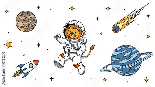 Charming cartoon lion astronaut floating in outer space, surrounded by colorful planets, a comet, rocket, and twinkling stars.