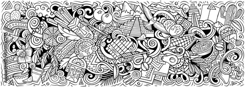 Peru vector illustration with Machu Picchu, mountains, Inca culture, llamas, food and nature. Perfect for travel, tourism, history and adventure design projects