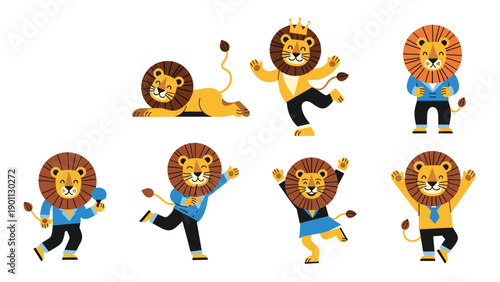 Delightful collection of cartoon lions in various playful poses and charming outfits, showcasing different activities and emotions.