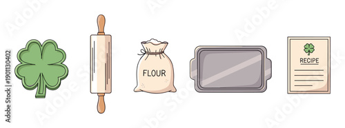 Shamrock cookie cutter, rolling pin, flour bag, baking tray, and recipe card arranged for festive holiday baking, presented in a charming hand-drawn illustrated style