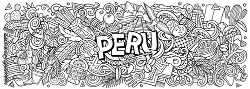 Peru vector illustration with Machu Picchu, mountains, Inca culture, llamas, food and nature. Perfect for travel, tourism, history and adventure design projects