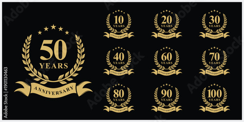 Collection of number 10 to 100 luxury anniversary logo design. Celebration days special vector symbol icon concept, serif font graphic symbol