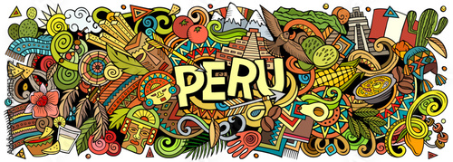 Peru vector illustration with Machu Picchu, mountains, Inca culture, llamas, food and nature. Perfect for travel, tourism, history and adventure design projects