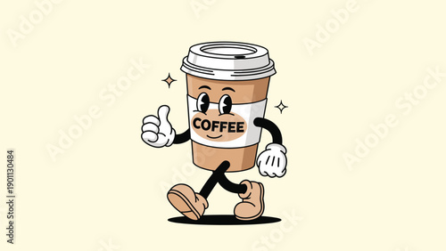 Friendly coffee cup character with a happy face, arms, and legs, giving a cheerful thumbs-up gesture while walking.