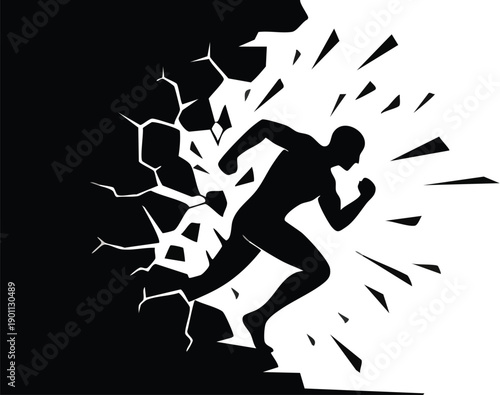 A silhouette of a man breaking through a wall in a powerful and dynamic motion silhouette