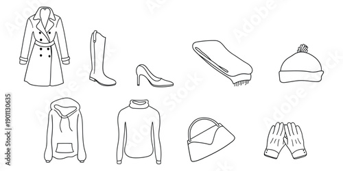 Hand-drawn doodle set of women's winter clothes and essentials on a white background.