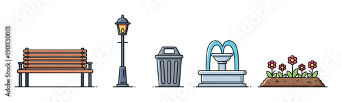 Set of park and garden elements including a wooden bench, street lamp, trash can, water fountain, and flowerbed in a clean, colorful, flat line vector illustration