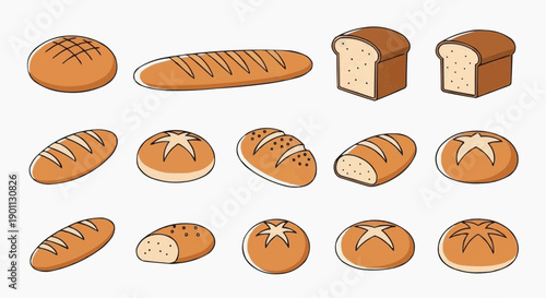 Assorted bread loaves and buns displayed on a white background from a front viewpoint, showcasing various baked goods